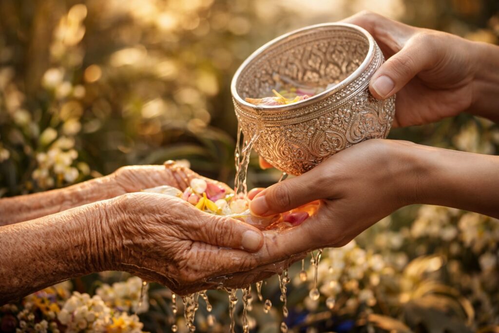 floating flower petals in the water in thailand